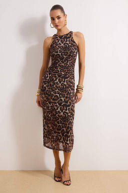 Kahverengi Cok Renkli Hayvan Desenli Leopar Orme Tul S?k Abiye Elbise TPRSS24EL00202