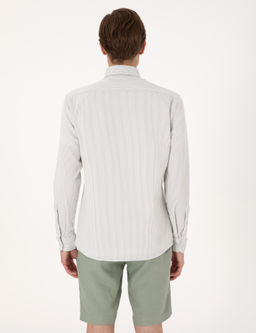 Gri Slim Fit _izgili Uzun Kollu G_mlek