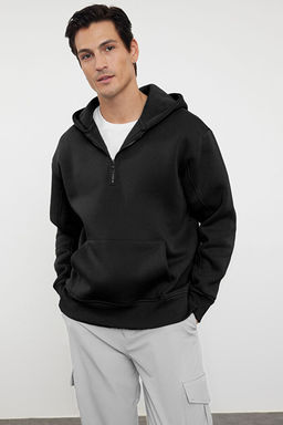 Siyah Oversize/Geni_ Kesim Fermuarl_ Kap__onlu __i Polarl_ Basic Sweatshirt TMNAW25SW00050