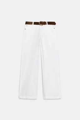 JEANS WIDE LEG CROPPED TIRO ALTO CINTUR?N / Blanco