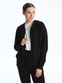 Kap??onlu D?z Uzun Kollu Kad?n Fermuarl? Sweatshirt