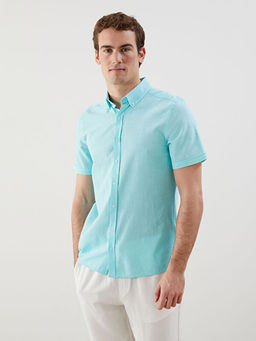 Slim Fit K?sa Kollu Keten Kar???ml? Erkek G?mlek