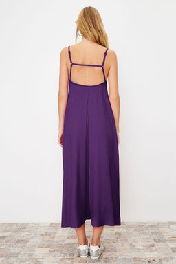 Mor Ayarlanabilir Ask?l? Kare Yaka A-Line Burumcuk/Dokulu Orme Maxi Elbise TWOSS24EL00060