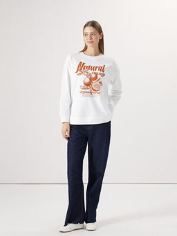Bisiklet Yaka Bask?l? Oversize Kad?n Sweatshirt