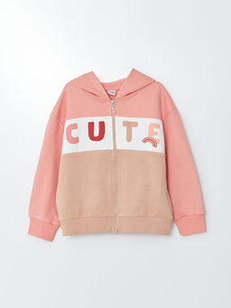 Kap??onlu Bask?l? Uzun Kollu K?z ?ocuk Fermuarl? Sweatshirt