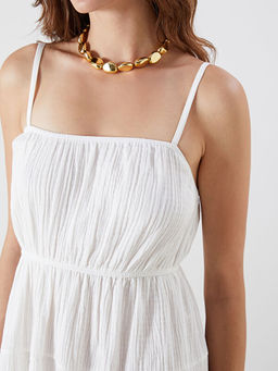 Kare Yaka Dokulu Katkat Mini Elbise