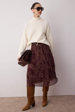 Bordo Sal Desenli Piliseli Sifon Dokuma Midi Etek TWOAW26ET00041