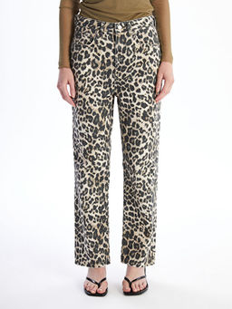 Leopar Desenli Straight Fit Kad?n Jean Pantolon