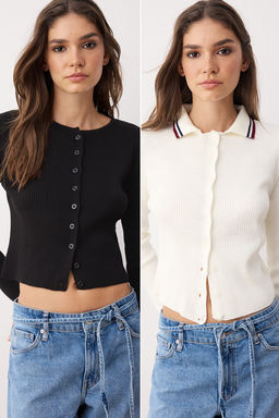 Siyah*001-Ekru Crop Renk Bloklu-Duz Ikili Paket Triko H?rka TWOAW26HI00127