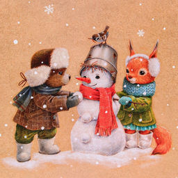 Пакет подарочный новогодний ламинированный «Зверята и снеговик», 33×42.5×10 см