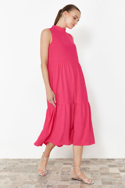 Fusya Bordo Duz Kesim Dik Yaka Midi Aerobin Dokuma Elbise TWOSS20EL1864