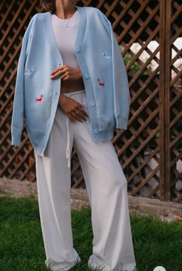 K13025 Кардиган с вышивкой OVER SIZE ГОЛУБОЙ