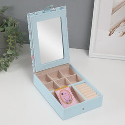 Шкатулка для украшений «Панда и ракушки», с зеркалом, искусственная кожа, голубая, 15×21.5×5.5 см