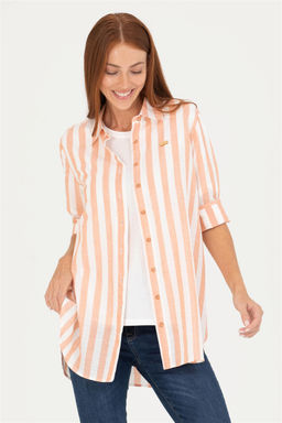 Женская льняная рубашка с длинным рукавом кирпичного цвета