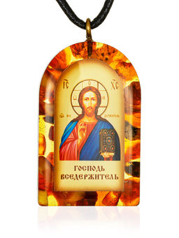 Подвеска-иконка Спас в янтарной оправе