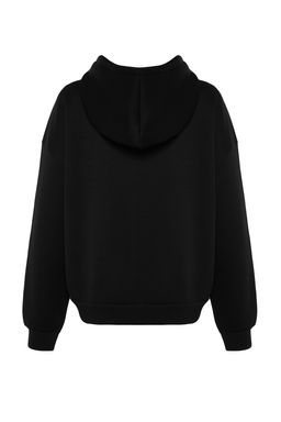 Siyah Oversize/Rahat Kesim Basic Kapusonlu Kal?n Ici Polarl? Orme Sweatshirt TWOAW24SW00188