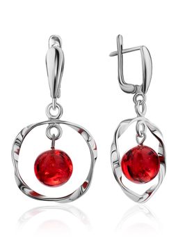 Эффектные серьги Рапсодия из серебра красного янтаря