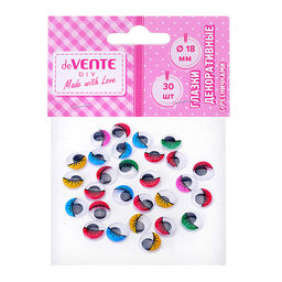 Глазки декоративные, с ресничками, круглые пластиковые, самоклеящиеся, цвет ассорти 30шт, 18 мм.