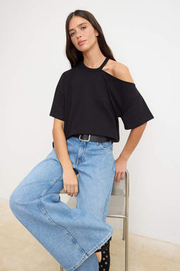 Siyah Duz Oversize Bisiklet Yaka Dusuk Kol K?sa %100 Pamuk Orme T-Shirt TWOSS26TS00204 - Trendyolmilla фото 2