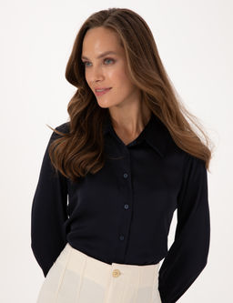 Lacivert Comfort Fit Uzun Kollu Saten G_mlek