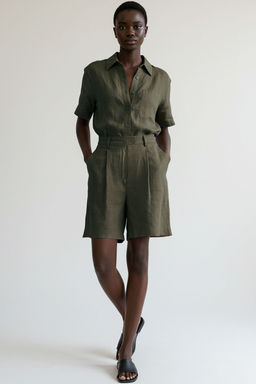 Haki Keten Gorunumlu Regular Boy Dokuma Sort & Bermuda TWOSS25SR00030