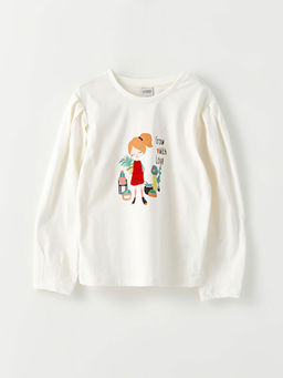 Bisiklet Yaka Bask?l? Uzun Kollu K?z ?ocuk Ti??rt