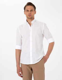 Beyaz Keten G_r_n_ml_ Slim Fit Uzun Kollu G_mlek