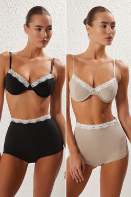 TRENDYOLMILLA Siyah-Bej 2li Paket Pamuklu Dantel Detayl? Boxer Orme Kulot THMSS25KU00025