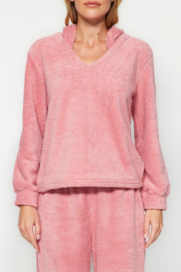 Pembe Wellsoft Kapuson Kulak Detayl? K?sl?k Orme Pijama Tak?m? THMAW24PT00030