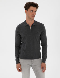 Antrasit Melanj Slim Fit Polo Yaka Fermuarl_ Basic Triko Kazak - Pierre cardin фото 3