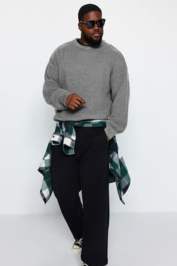 Gri B_y_k Beden Oversize Fit Geni_ Kal_p Bisiklet Yaka Basic Triko Kazak TMNAW24AN00001