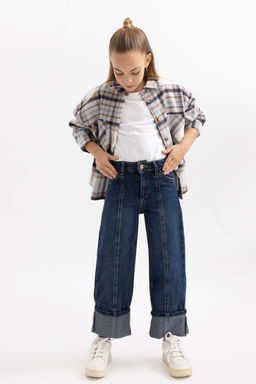 Широкие джинсовые брюки с отворотами для девочек - Defacto фото 6