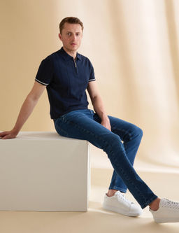 Lacivert Slim Fit %100 Pamuk Fermuarl_ Polo Yaka Triko Ti__rt