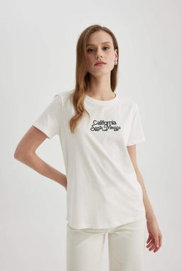 Футболка обычного кроя с круглым вырезом и принтом из чесаного хлопка с короткими рукавами - Defacto фото 3