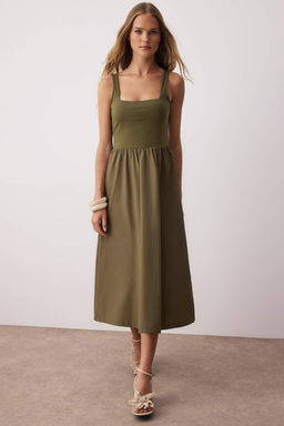 Trendyolmilla Siyah Ustu Esnek Viskon Alt K?sm? Genis Terrycotton Kontrast Dokuma Elbise TWOSS25EL00840  фото 7