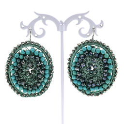 Серьги авторские овал с цирконами и турквенитом в оплетении цв.бирюзовый