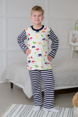 Пижама детская из джемпера и брюк без манжет из интерлока Сафари темно-синий полоса - Амадэль фото 13