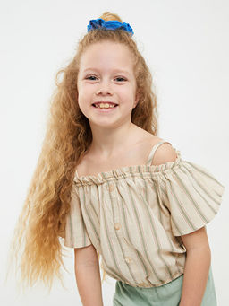 Kay?k Yaka ?izgili K?sa Kollu Pamuklu K?z ?ocuk Bluz