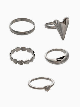 Набор колец 5 шт "Новый стиль" сердечки, размер МИКС, цвет серебро
