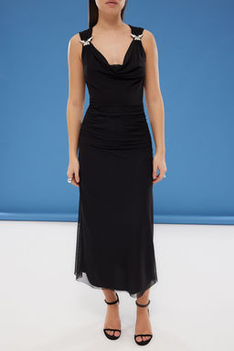 TRENDYOLMILLA Siyah Degaje Yaka Aksesuar Detayl? Astarl? Tul Orme S?k Elbise TPRSS25EL00042  фото 3