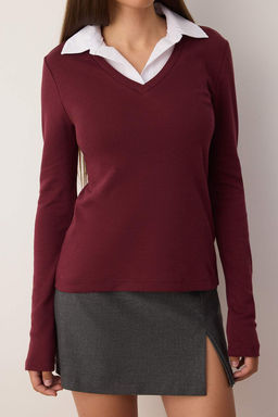 Bordo Dokuma Detayl? Gomlek Yaka Regular/Normal Kal?p Orme Bluz TWOAW25BZ00035