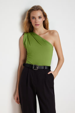 Elma Yesili Asimetrik Yaka Alttan C?tc?tl? Esnek Orme Body TWOSS22BD00014
