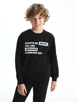 Bisiklet Yaka Bask?l? Erkek ?ocuk Sweatshirt