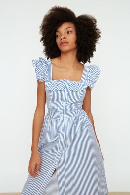 Mavi F?rf?r Yaka Detayl? Cizgili Midi Dokuma Gomlek Elbise TWOSS21EL1306