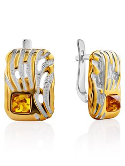 Стильные серьги из серебра с золочением и коньячного янтаря Донателла