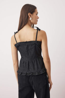 Mavi Omuzdan Baglamal? Etek Ucu F?f?rl? Denim Bluz TWOSS25BZ00434 - Trendyolmilla фото 4