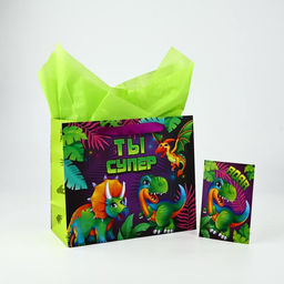 Пакет ламинированный двухсторонний «Динозаврики», с тишью и открыткой, ML, 23×27×11.5