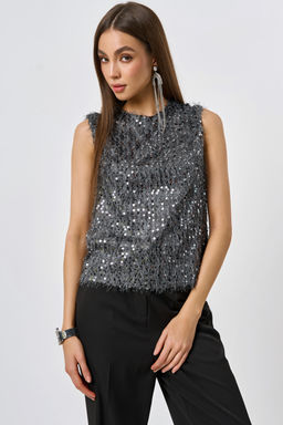 Блузка из мягкого трикотажа с пайеткой серая новый год