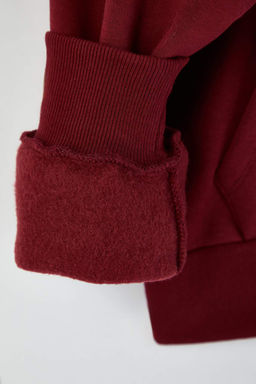 Teen Bordo Kapusonlu Kal?n Ici Polarl? Yar?m Pat Fermuarl? Cepli Orme Sweatshirt TWOAW26SW00160 - Trendyolmilla фото 4