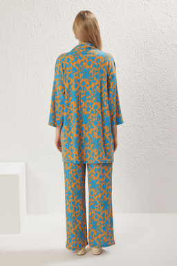 Turuncu Bask?l? Rahat Kesim Esnek Kimonolu Orme Alt-Ust Tak?m TWOSS24AU00103